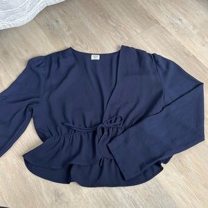Aritzia Navy Blue Cropped Tie-Front Blouse